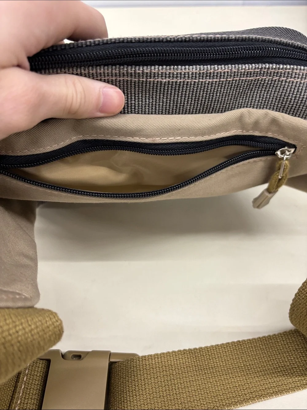 Unbranded Gray and Tan Canvas Messenger Bag with Multiple Zip Pockets